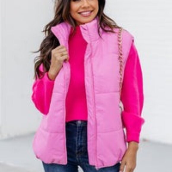 Pink Lily My Eyes on You Pink Oversized Puffer Vest Small Like New - Picture 3 of 10
